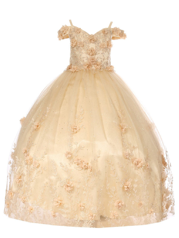 Bliss Little Girls Champagne Sweetheart Off Shoulder 3D Floral Ball Gown 2-6 - SophiasStyle.com